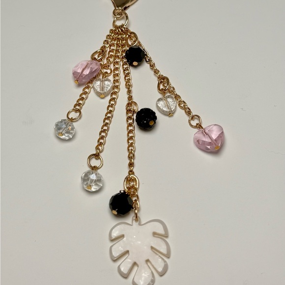 Gold Leaf Heart Beaded Key Chain Pink Black Acrylic Accent for Women - Picture 2 of 8